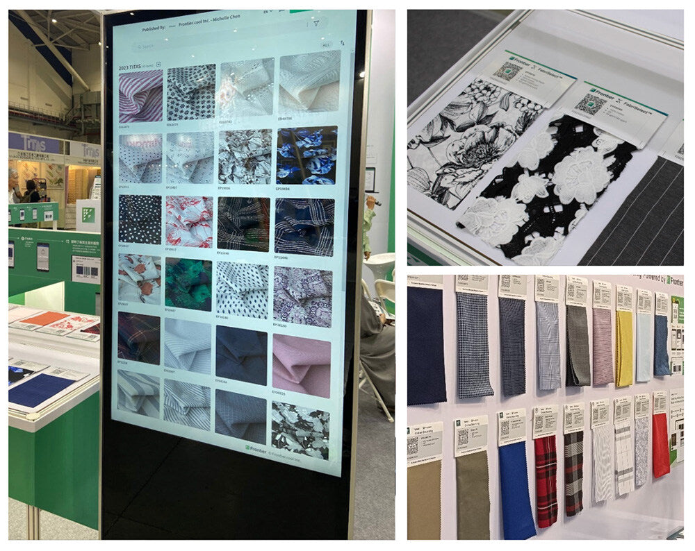 Image of Digital fabric samples and swatches displayed using fabric digitization and digital asset management tools at a textile trade show